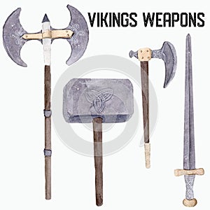 Hand drawn watercolor illustration boy clipart vikings set isolated objects weapons axe labrys hammer sword