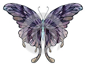 Hand drawn watercolor illustration butterfly fairy wings gem crystal insect moth. Amethyst charoite fluorite ametrine