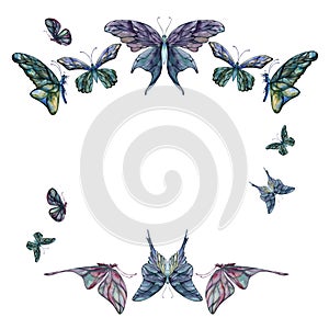 Hand drawn watercolor illustration butterfly fairy wings gem crystal insect moth. Amethyst emerald fluorite moonstone