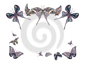 Hand drawn watercolor illustration butterfly fairy wings gem crystal insect moth. Amethyst emerald fluorite moonstone