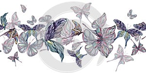 Hand drawn watercolor illustration butterfly fairy wings gem crystal insect moth. Amethyst emerald fluorite moonstone