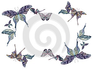 Hand drawn watercolor illustration butterfly fairy wings gem crystal insect moth. Amethyst emerald fluorite moonstone