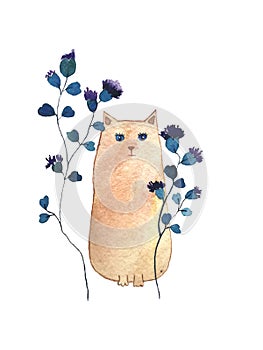 Hand drawn watercolor illustration of cat with voilet flowers.