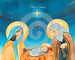 Hand drawn watercolor illustration Christian Nativity scene. Virgin Mary, Jesus Christ, Joseph, Bethlehem night and star. For Merr