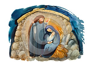 Hand drawn watercolor illustration Christian nativity scene. Virgin Mary, Jesus Christ, Joseph, holy night with the star of