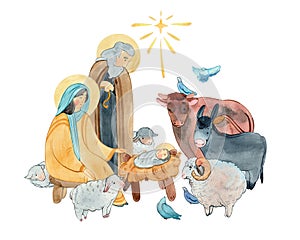 Hand drawn watercolor illustration Christian nativity scene. Virgin Mary, Jesus Christ, Joseph, sheep, animals, Star of Bethlehem.