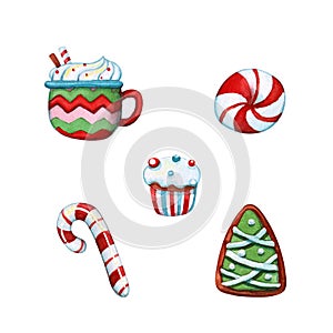 Hand drawn watercolor illustration clipart set of cup with whipped cream, candy cane, iced gingerbread n shape of christmas tree