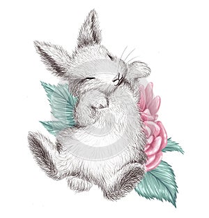 Hand drawn watercolor illustration with cute adorable bunny little character sleeping on pink flowers