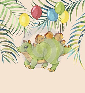 Hand drawn watercolor illustration of cute cartoon dinosaur with colorful balloons and tropical leaves