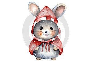 Hand drawn watercolor illustration of a cute little mouse in a hat and scarf isolated on white background