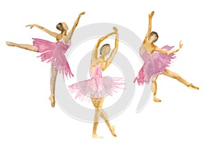 Hand-drawn watercolor illustration: dancing ballerinas in pink