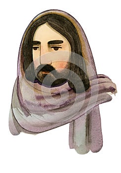 A hand-drawn watercolor illustration or drawing of the face of Jesus Christ, an isolated male portrait on a white background, an photo
