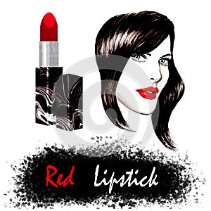 Hand-drawn watercolor illustration with the face of a beautiful woman with blue eyes and bright red lips. Red lipstick made of tex