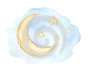 Hand Drawn watercolor illustration - Good night sleeping moon,