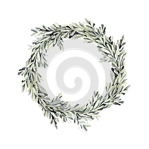 Hand drawn watercolor illustration - Green wreath. Spring branch