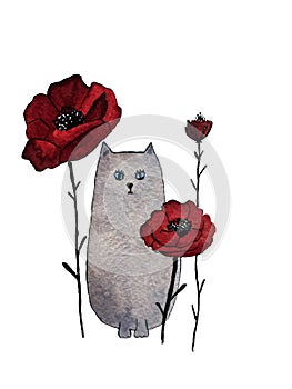 Hand drawn watercolor illustration of grey cat with red flowers