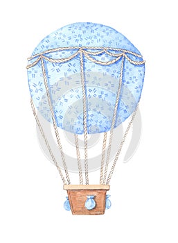 Hand drawn watercolor illustration - hot air balloon in the sky.