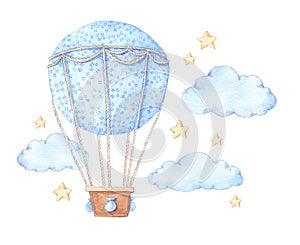 Hand drawn watercolor illustration - hot air balloon in the sky.