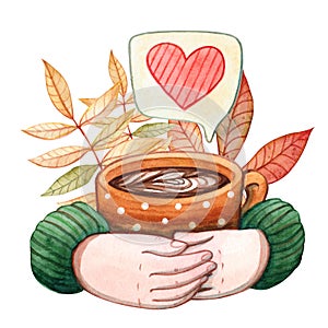 Hand drawn watercolor illustration of human hands in sweater holding ceramic mug with coffee, autumn leaves and heart doodle