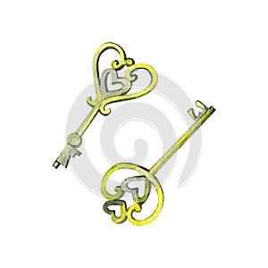 Hand drawn watercolor illustration of love keys isolated. Love concept and valentines day design elements.