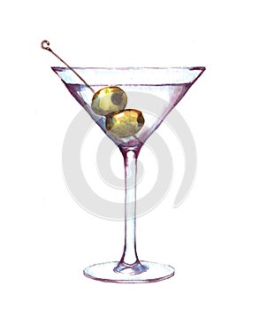 Hand-drawn watercolor illustration of the martini in the glass with green olives