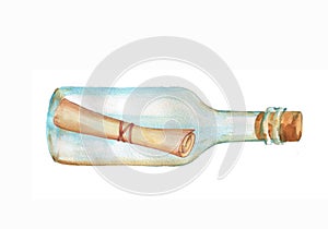 Hand drawn watercolor illustration with message in the bottle