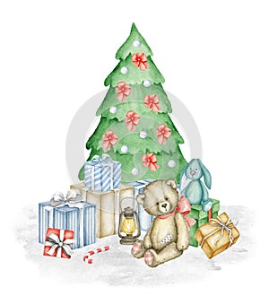 Hand drawn watercolor illustration of old-fashioned toys, Christmas Tree and gift boxes. Teddy Bear and Bunny toy