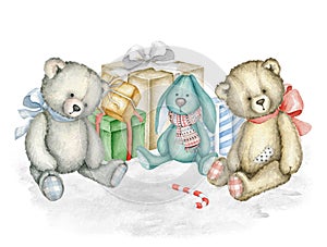 Hand drawn watercolor illustration of old-fashioned toys and gift boxes photo