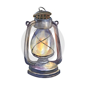 Hand drawn watercolor illustration of old Kerosene Lamp on isolated white background. Vintage lantern for travel and