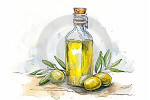 Hand drawn watercolor illustration of olive oil bottle on a white background