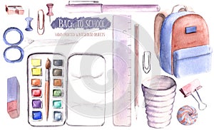 Hand drawn watercolor illustration painted set of objects isolated white background back to school supplies stationery pastel pin