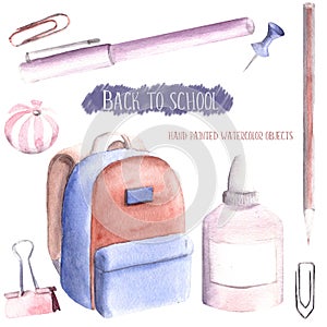 Hand drawn watercolor illustration painted set of objects isolated white background back to school supplies stationery pastel pin