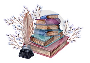 Hand Drawn watercolor illustration a pile of old books with ink bottle, feather floral twig