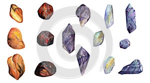 Hand drawn watercolor illustration precious jewel gem crystal chakra birth stone. Amber garnet amethyst moonstone