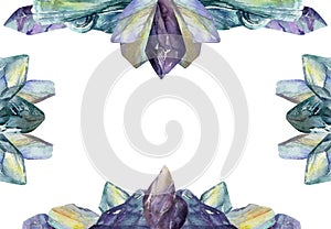 Hand drawn watercolor illustration precious jewel gem crystal chakra birth stone. Amethyst aquamarine moonstone