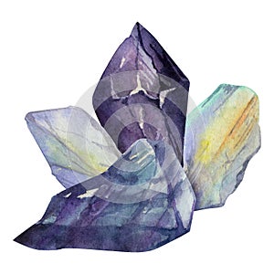 Hand drawn watercolor illustration precious semiprecious jewel gem crystal chakra birth stone. Amethyst fluorite