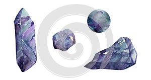 Hand drawn watercolor illustration precious semiprecious jewel gem crystal chakra birth stone. Amethyst fluorite purple