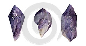 Hand drawn watercolor illustration precious semiprecious jewel gem crystal chakra birth stone. Amethyst fluorite purple