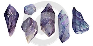 Hand drawn watercolor illustration precious semiprecious jewel gem crystal chakra birth stone. Amethyst fluorite. Set of