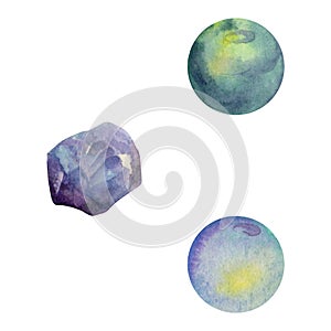 Hand drawn watercolor illustration precious semiprecious jewel gem crystal chakra birth stone. Moonstone fluorite beads