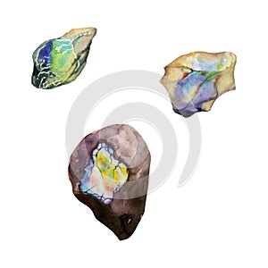 Hand drawn watercolor illustration precious semiprecious jewel gem crystal chakra birth stone. Moonstone opal pearl. Set