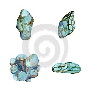 Hand drawn watercolor illustration precious semiprecious jewel gem crystal chakra birth stone. Turquoise chrysocolla