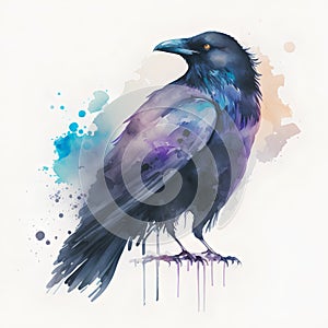 Hand drawn watercolor illustration of a raven. Isolated on white background.