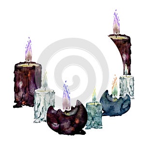 Hand drawn watercolor illustration sea witch altar objects. Burning pillar and ball votive candles with flame, blue