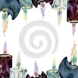 Hand drawn watercolor illustration sea witch altar objects. Burning pillar and ball votive candles with flame, blue