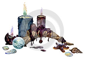 Hand drawn watercolor illustration sea witch altar objects. Burning pillar candles bog driftwood, gemstones crystals