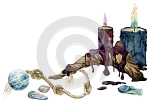 Hand drawn watercolor illustration sea witch altar objects. Burning pillar candles bog driftwood, gemstones crystals