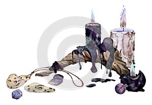 Hand drawn watercolor illustration sea witch altar objects. Burning pillar candles driftwood, gemstones crystals, adder