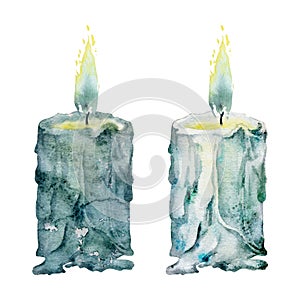 Hand drawn watercolor illustration sea witch altar objects. Burning pillar wax votive candles with flame, blue green