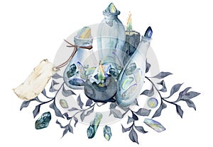 Hand drawn watercolor illustration sea witch altar objects. Glass vial jar blank tag, precious stones, burning candle